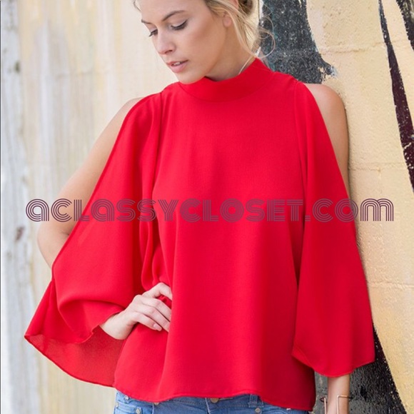 Love in Tops - SOLD! Missy Red Cold Shoulder Flare Top